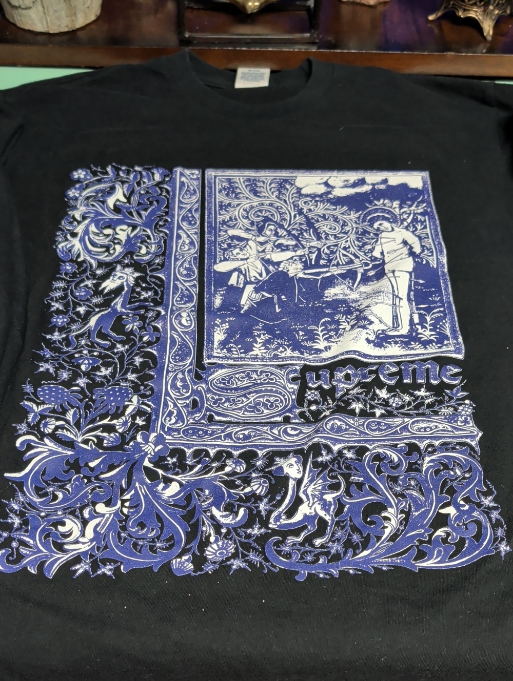Black Supreme Long Sleeve Graphic 2020 Drop Tee with Blue Vintage Print - Men